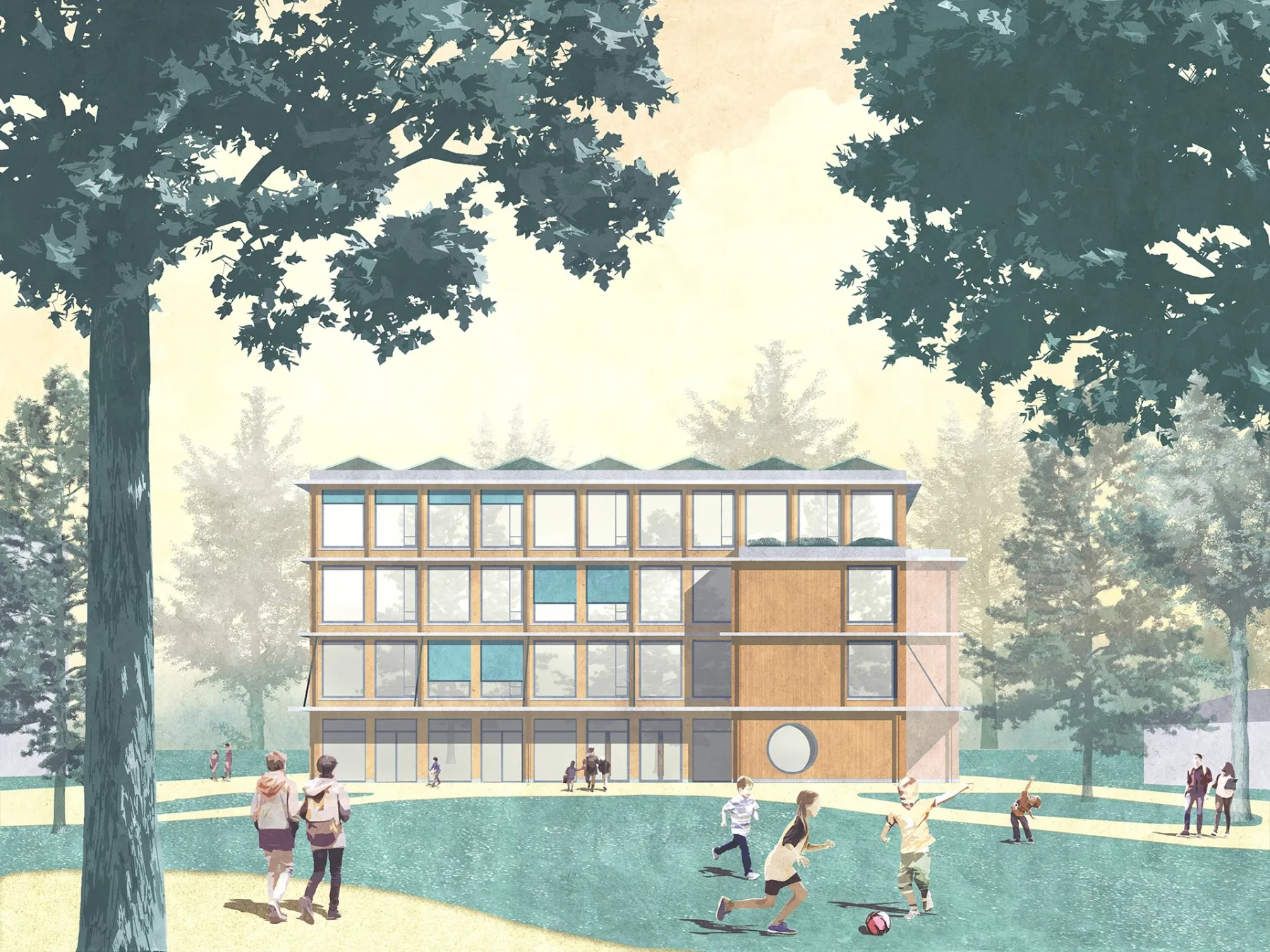 Bild von einem Platz mit vielen spielenden Kindern vor einem Gebäude