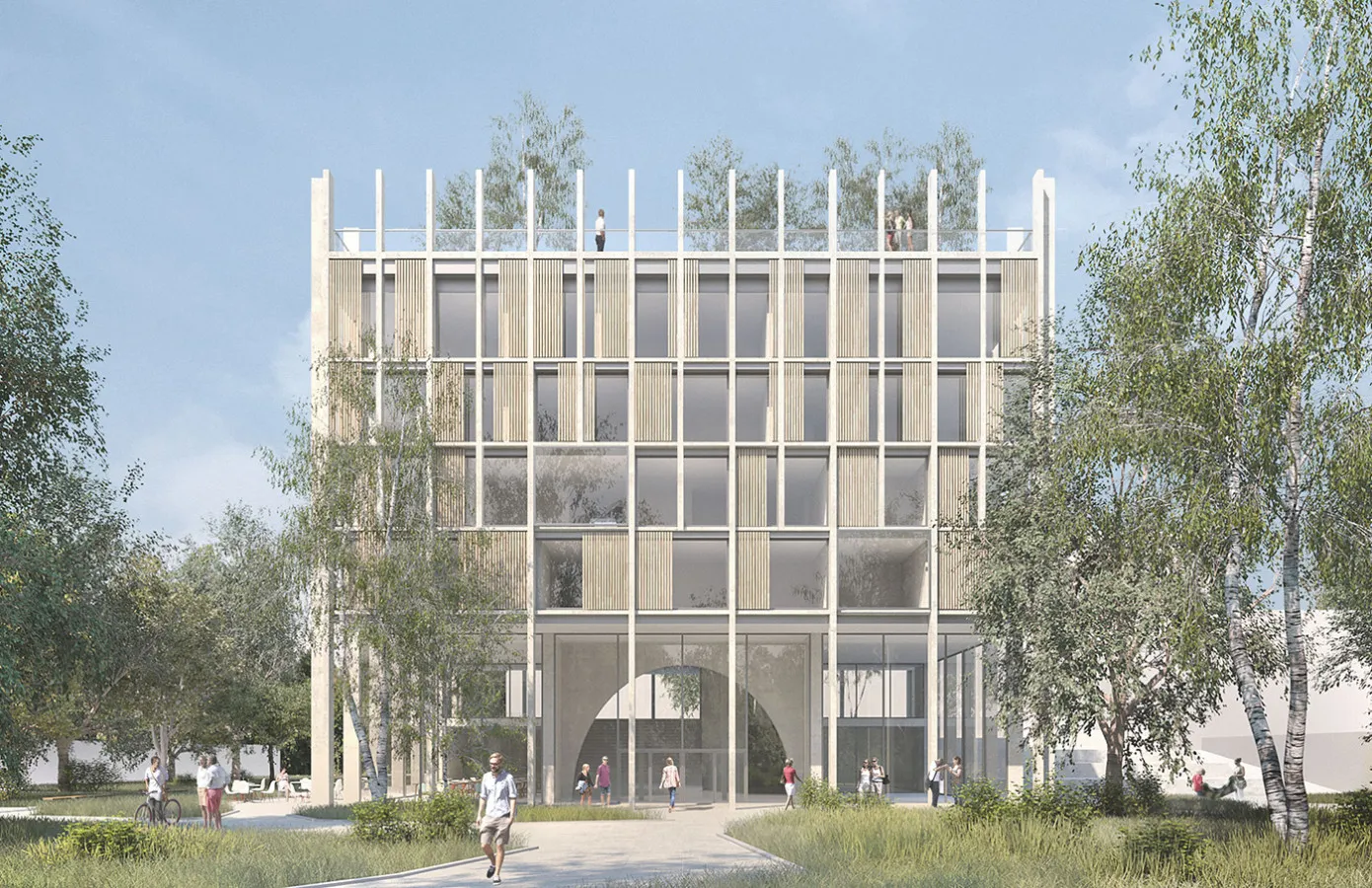 Bäume und in der Mitte steht ein Gebäude mit einem halbkreisförmigen Eingang