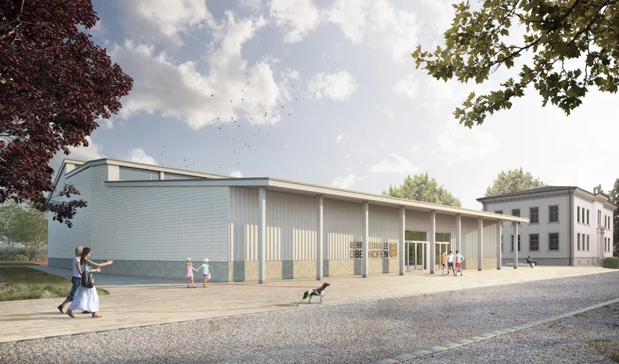 Weisses Gebäude mit Säulen und Fussgänger