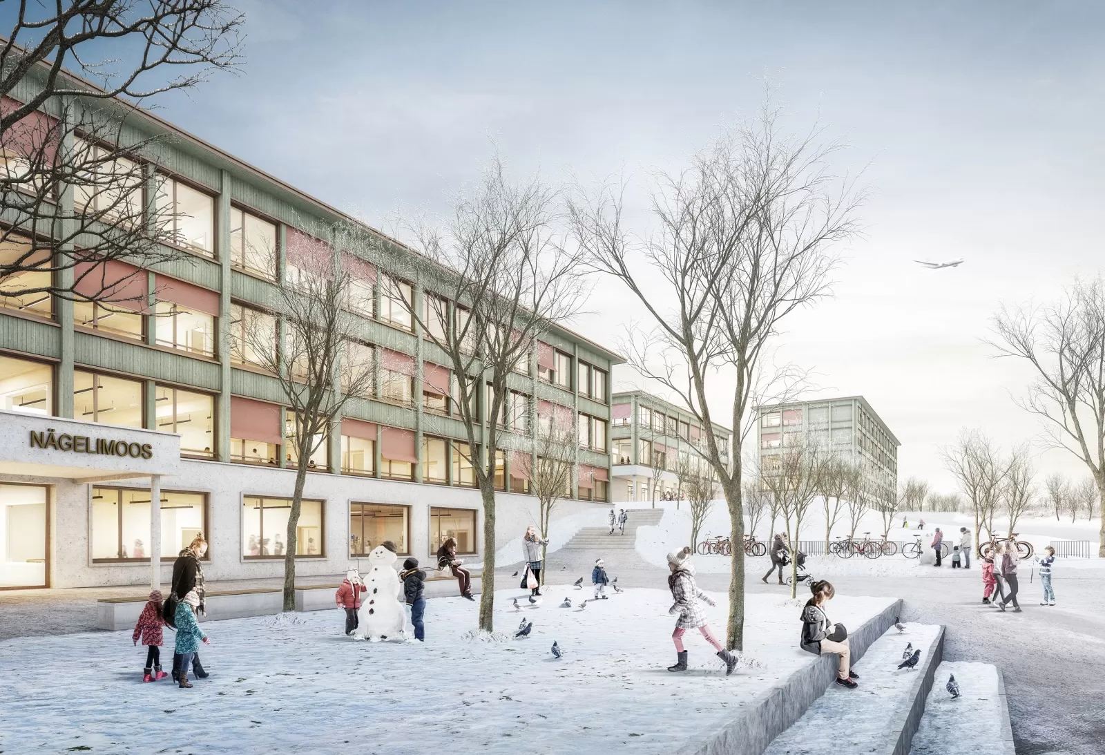 Platz voller Schnee mit einem Geb&auml;ude im Hintergrund