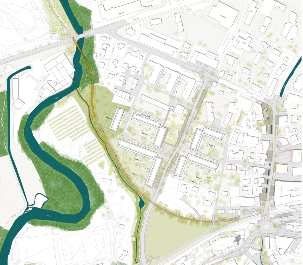 Übersichtsplan mit Häusern und Fluss