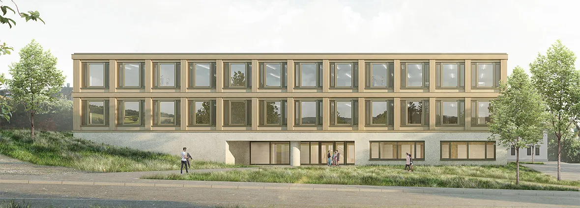 Rechteckiges Gebäude mit vielen Fenstern