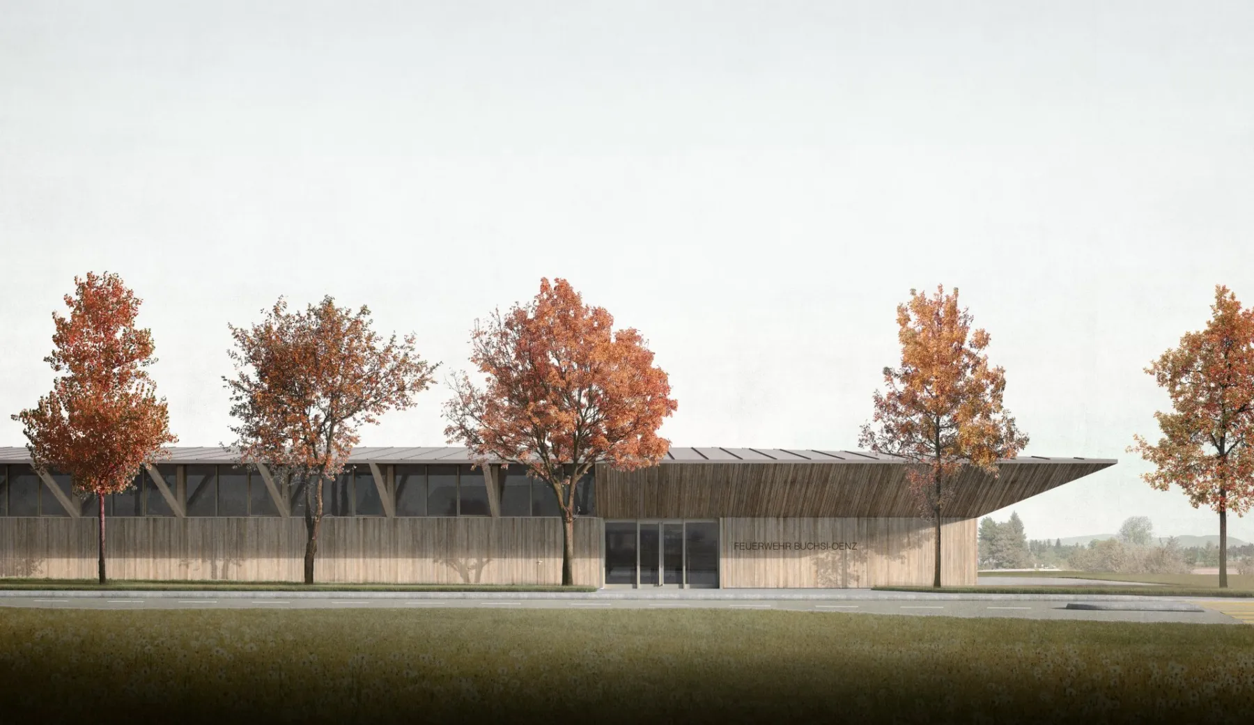 Fünf Bäume mit roten Blättern und einem Gebäude im Hintergrund