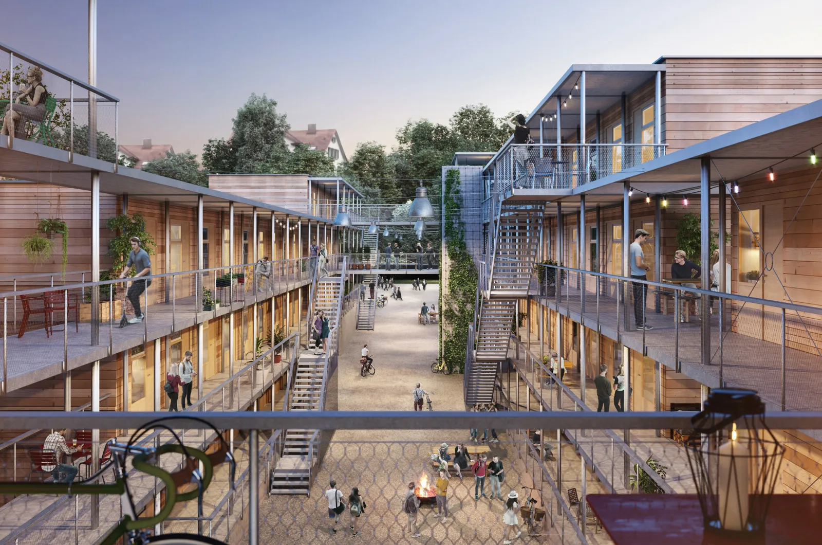 Gebäude aus Holz mit vielen Lichtern und Fussgängern, die auf der Strasse stehen