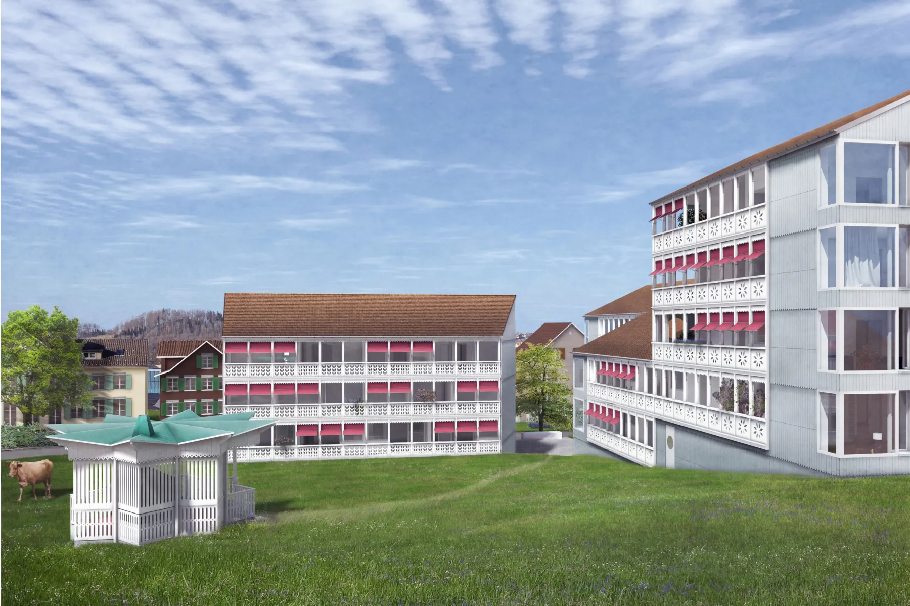 Häuser mit weisen Wänden und pinken Sonnenstoren