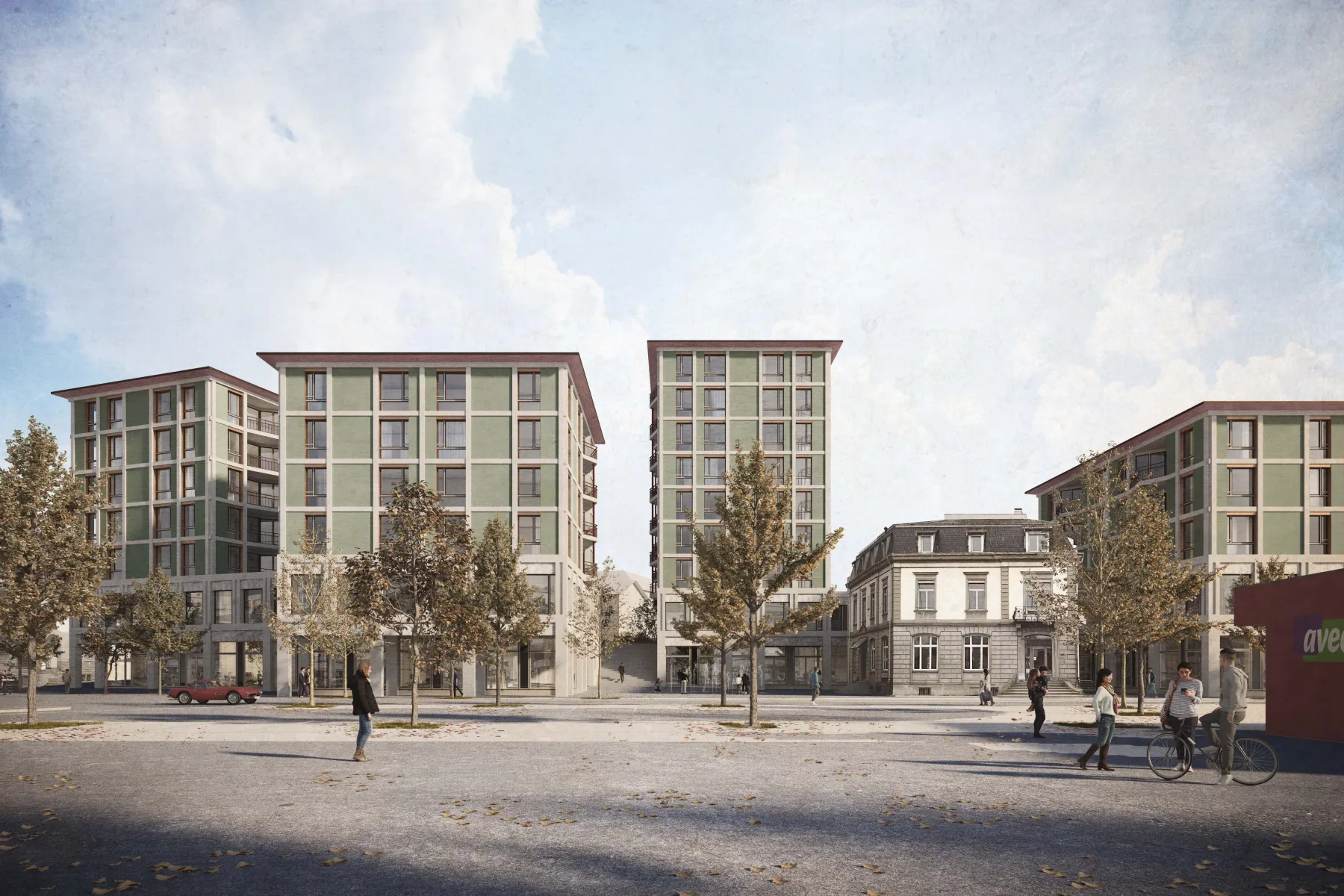 Mehrere rechteckige Häuser mit Bäumen davor