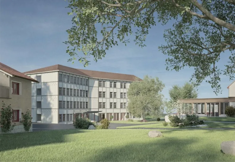 Gründe Wiese mit einem Baum und einem weissen Gebäude im Hintergrund