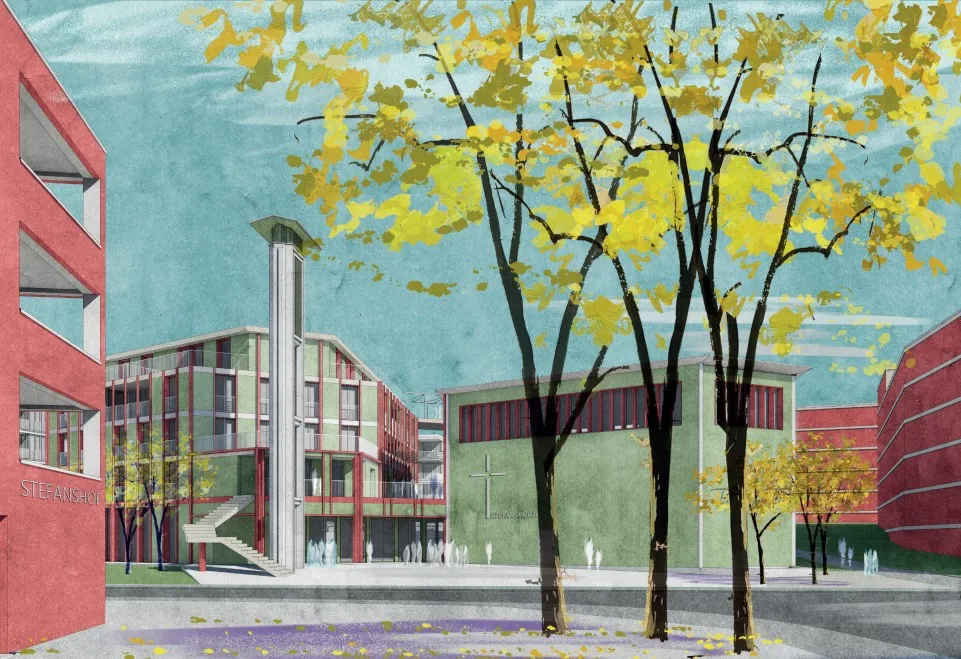 Rote und gründe Gebäude mit drei Bäumen im Vordergrund