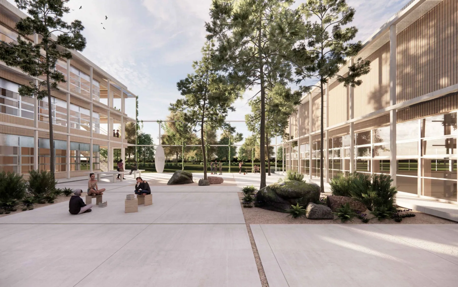 Platz mit Bäumen und Menschen. Links und rechts hat es jeweils ein Gebäude