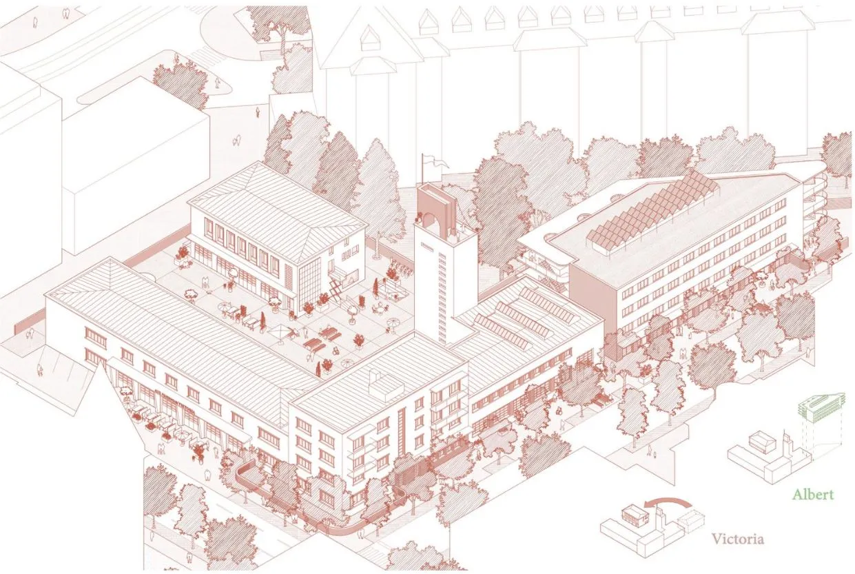 Plan eines Areals mit vielen verschiedenen Gebäuden und Bäumen