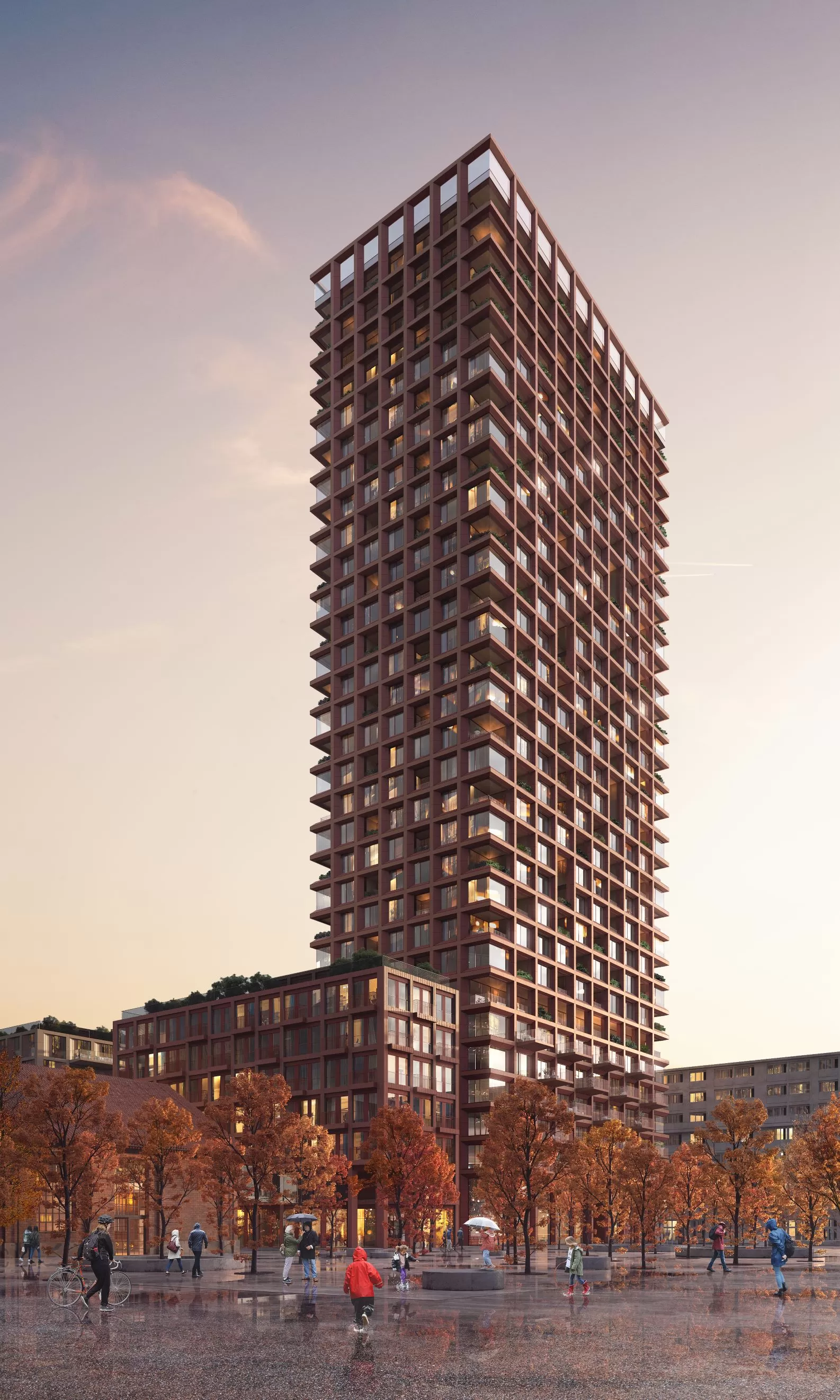 Hochhaus mit vielen Fenstern. Menschen mit Regenschirmen gehen vorbei