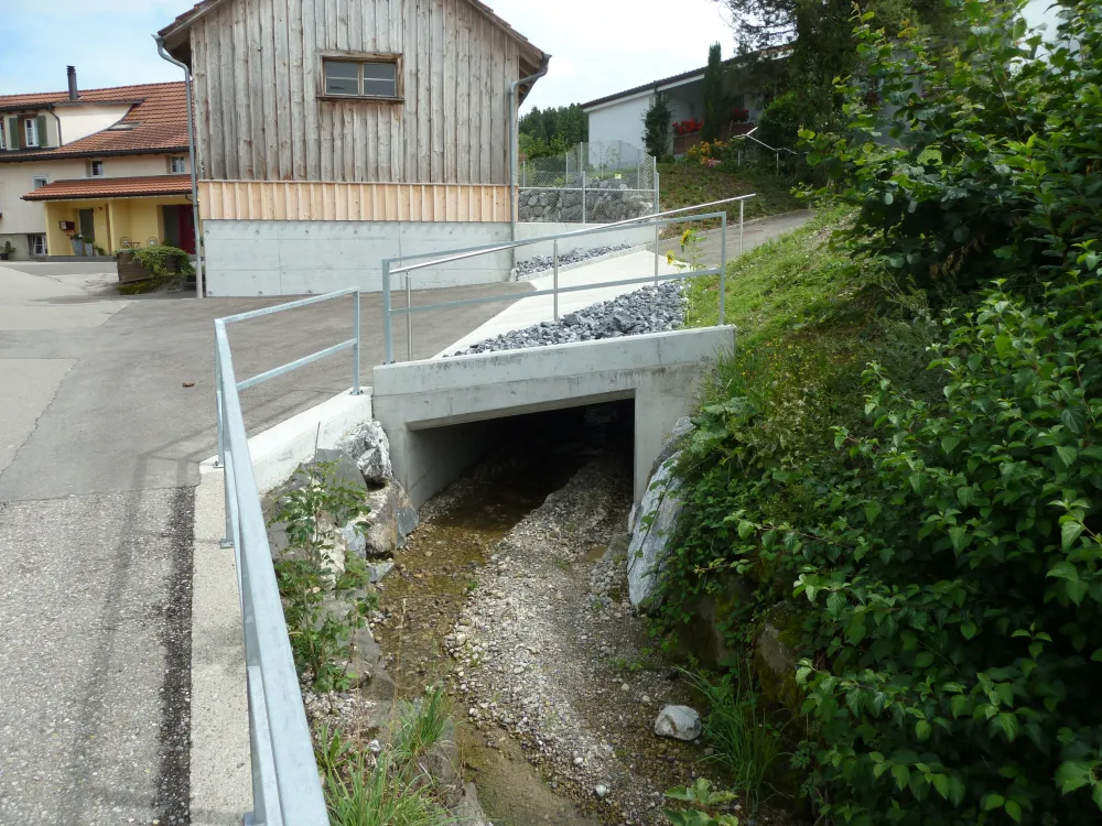 Strasse die über einen Bach führt. Im Hintergrund steht ein Haus