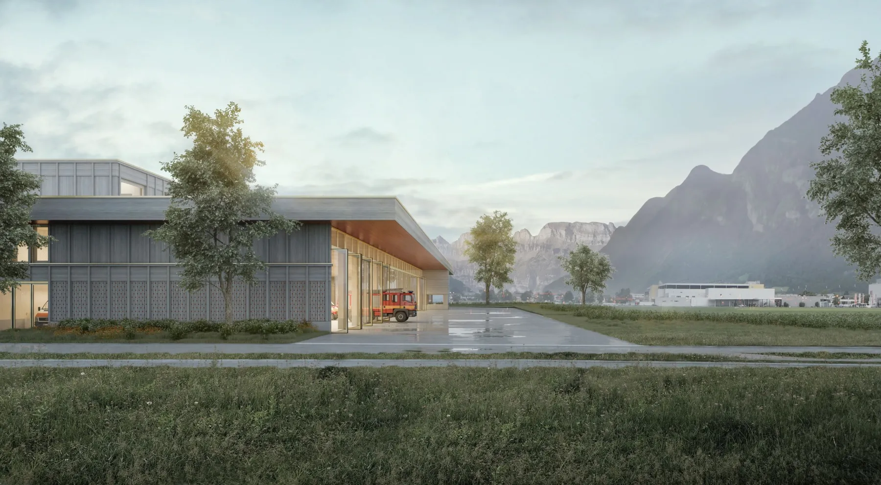 Gebäude im Vordergrund und Berge im Hintergrund