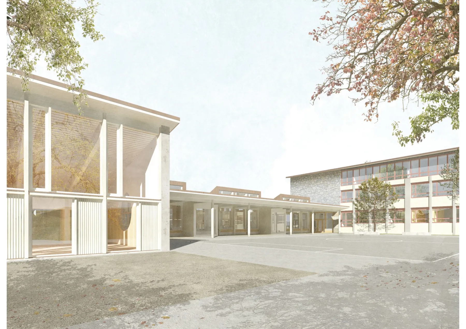 Langes Gebäude mit vielen grossen Fenstern