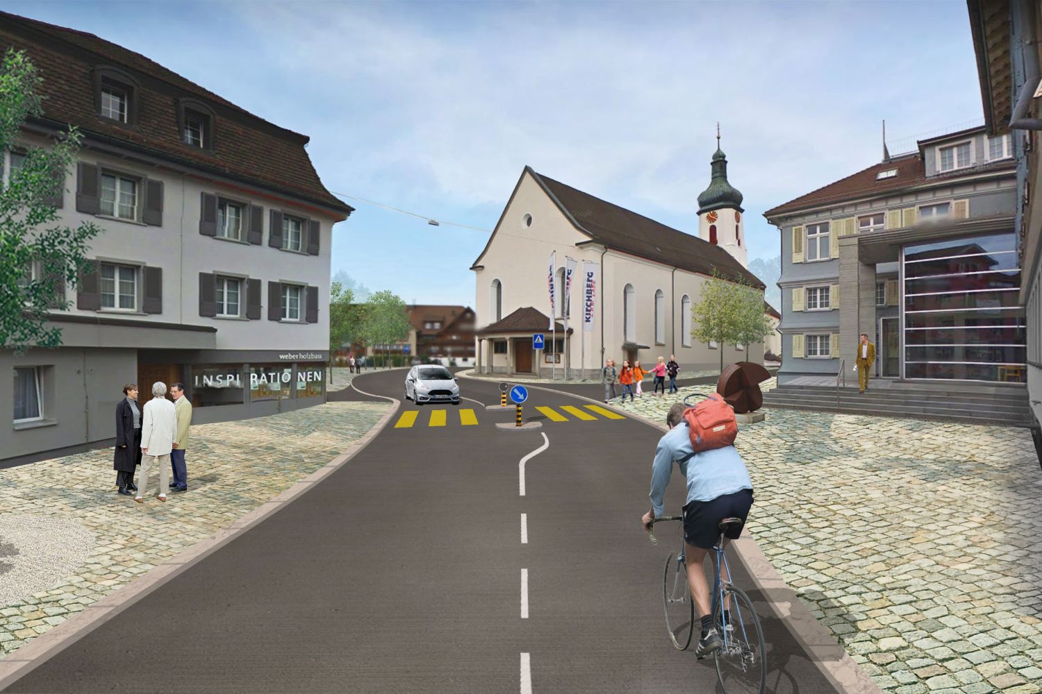 Betriebs- und Gestaltungskonzept Zentrum, Kirchberg Drei Häuser zwischen denen eine Strasse führt. Am Rand der Strasse hat es Passanten und ein Velofahrer.