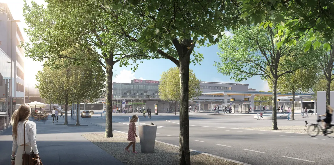 Strasse mit Bäumen und Fussgängern