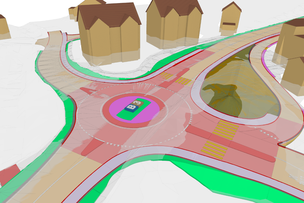 Visualisierung eines Kreisels mit 4 Strassen als BIM-Modell