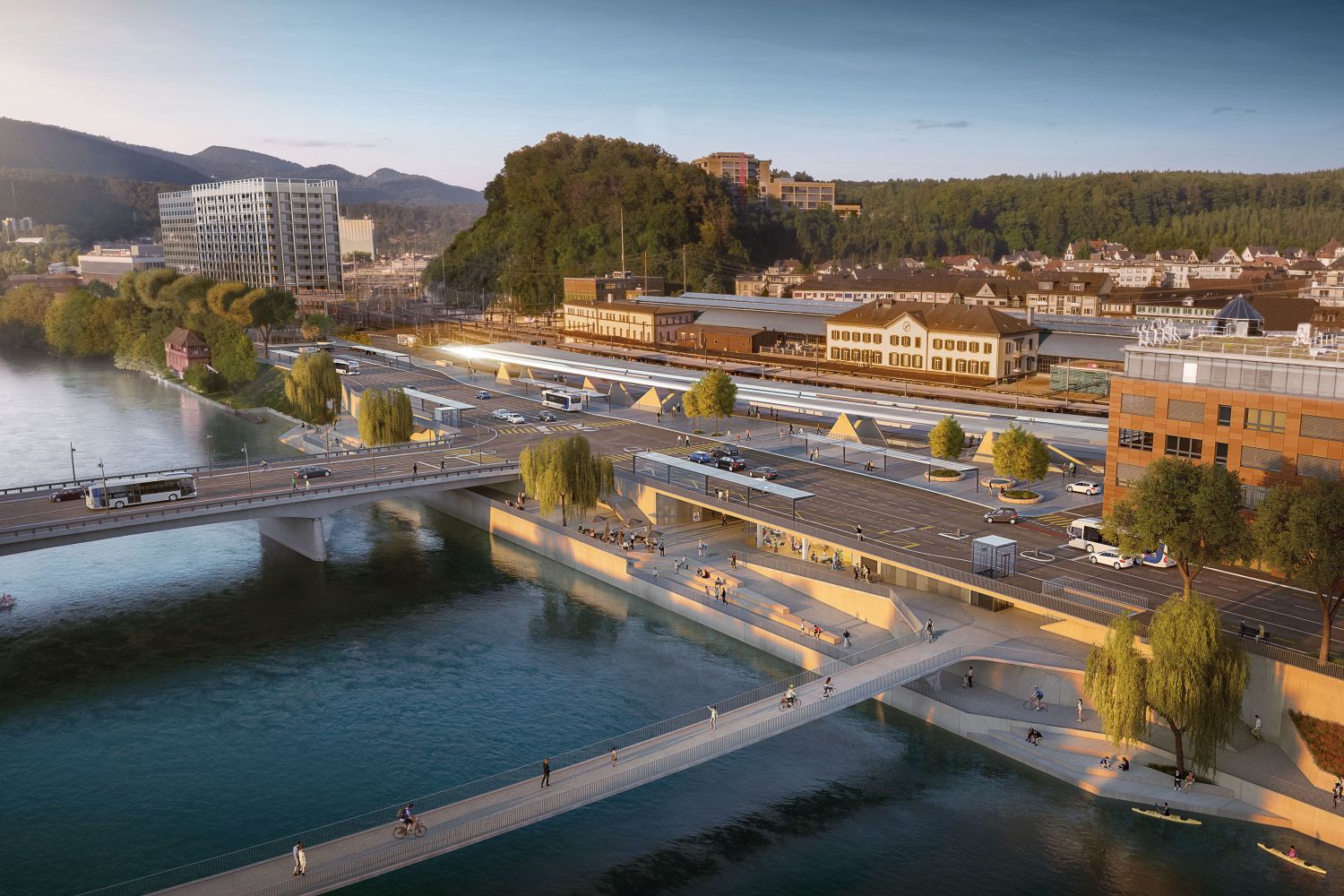 Neuer Bahnhofplatz Olten Fluss mit grossem Gebäude und zwei Brücken