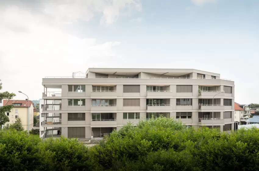 Wohnhaus mit vielen Fenstern hinter einem grünen Busch