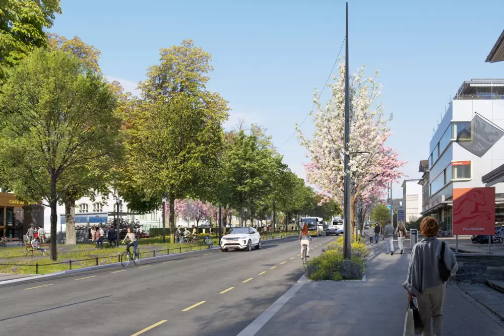 Strasse mit Bäumen und Fussgängern