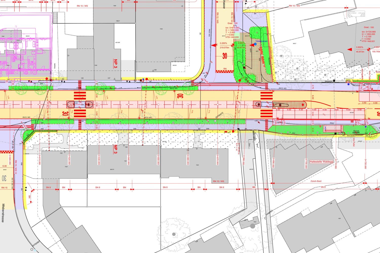 Strassenkreuzung mit Zebrastreifen und Gebäuden
