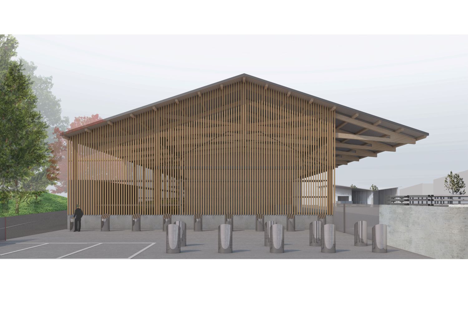 Neubau Werkhof HummelwegNeubau Werkhof Hummelweg Plan von verschiedenen Gebäuden und einigen Bäumen