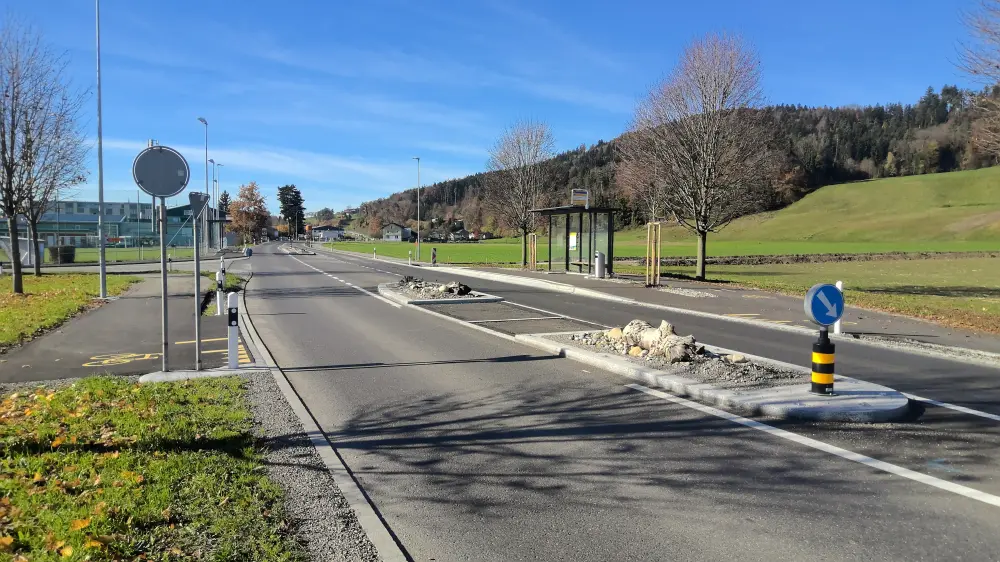 Strasse mit verschiedenen Schildern und einer Verkehrsinsel in der Mitte